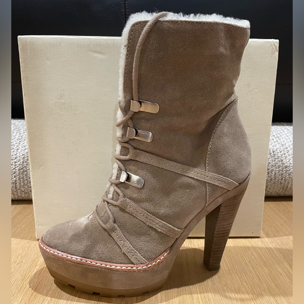 Coach Sydney Bootie/ Kid suede, Taupe Trendy High Heel Hiker. Size 7.5